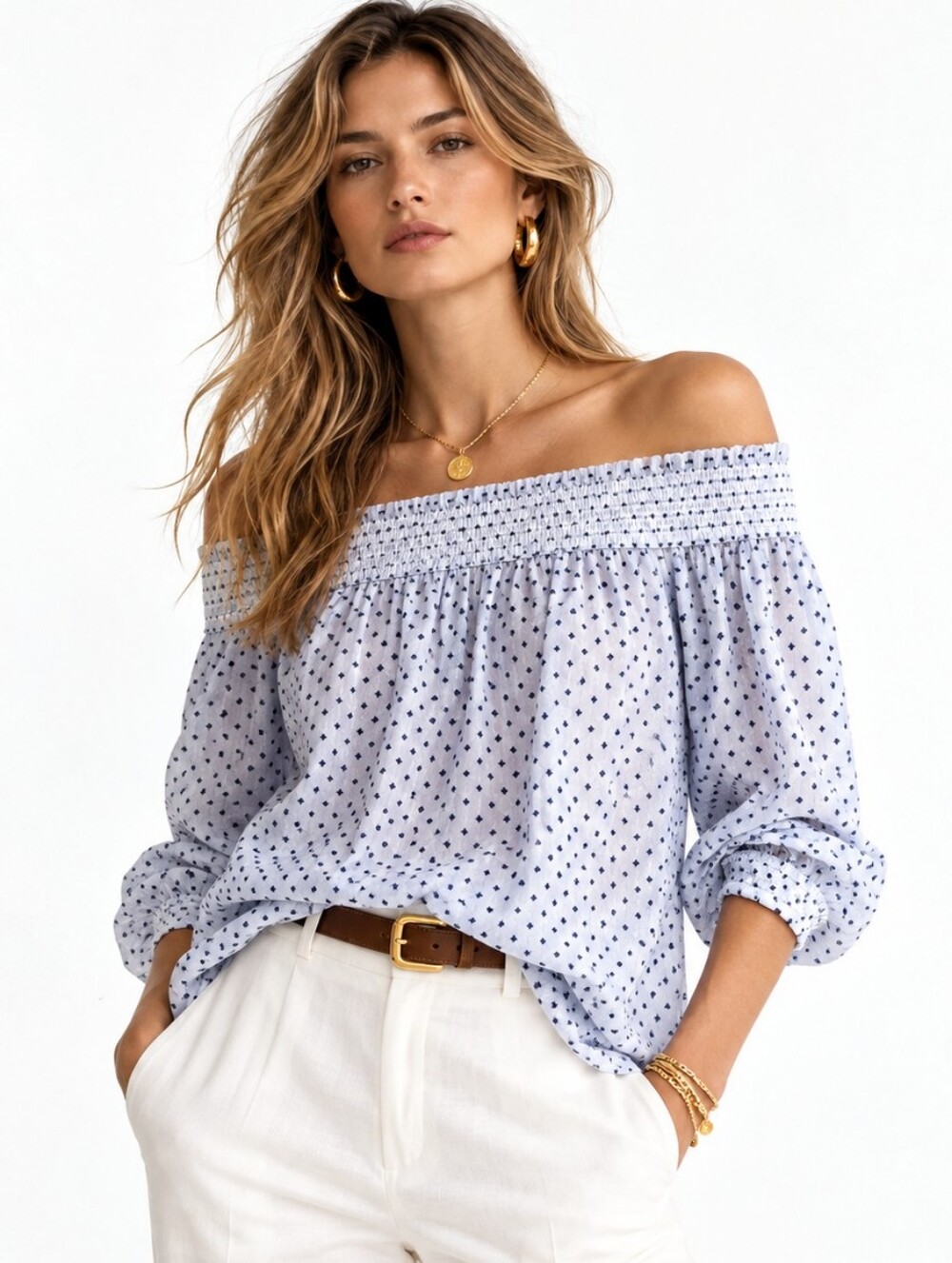 Derek Lam 10 Crossby Top Off Shoulder blue Swiss dot